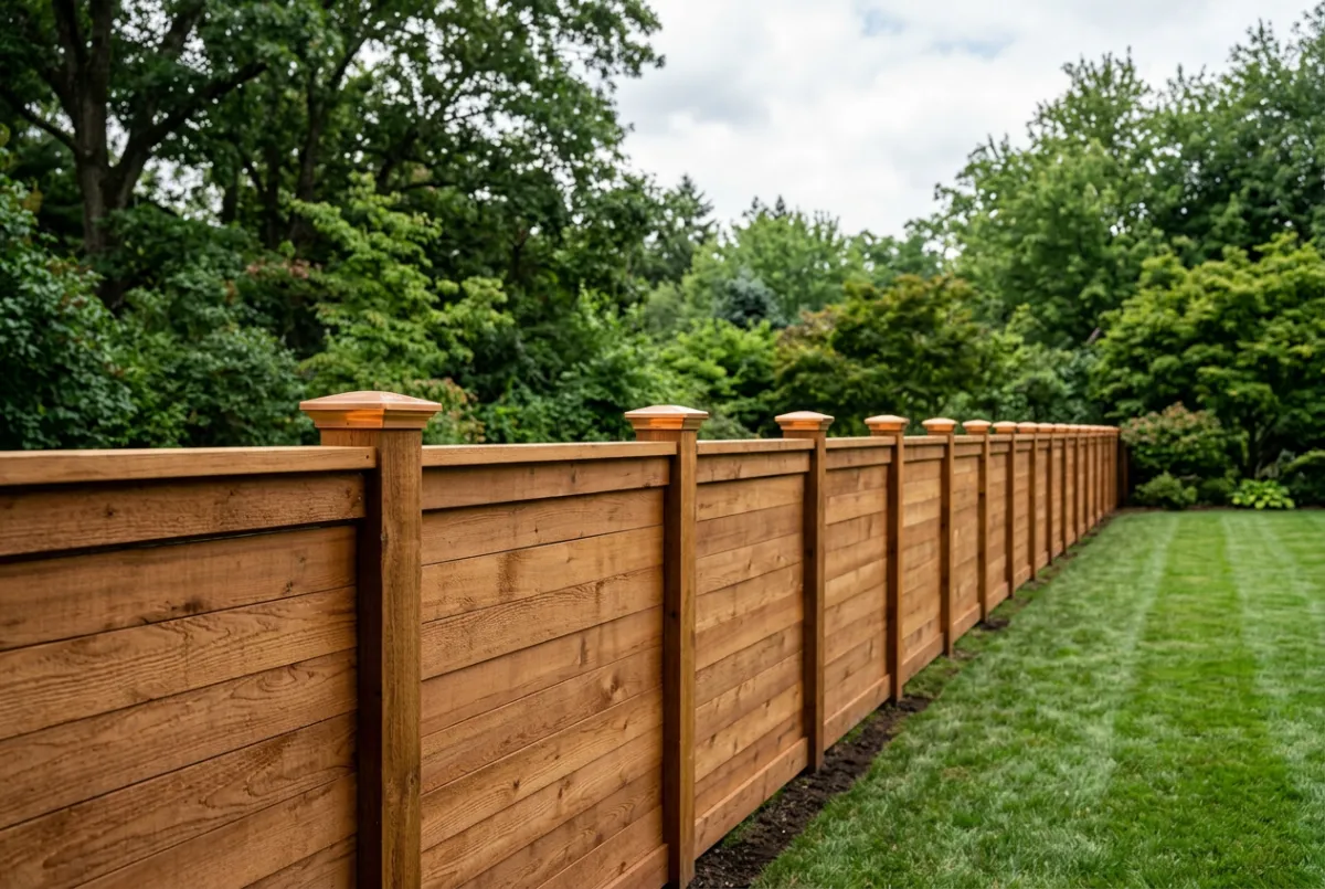 Western Red Cedar privacy fence with post caps and timber finish