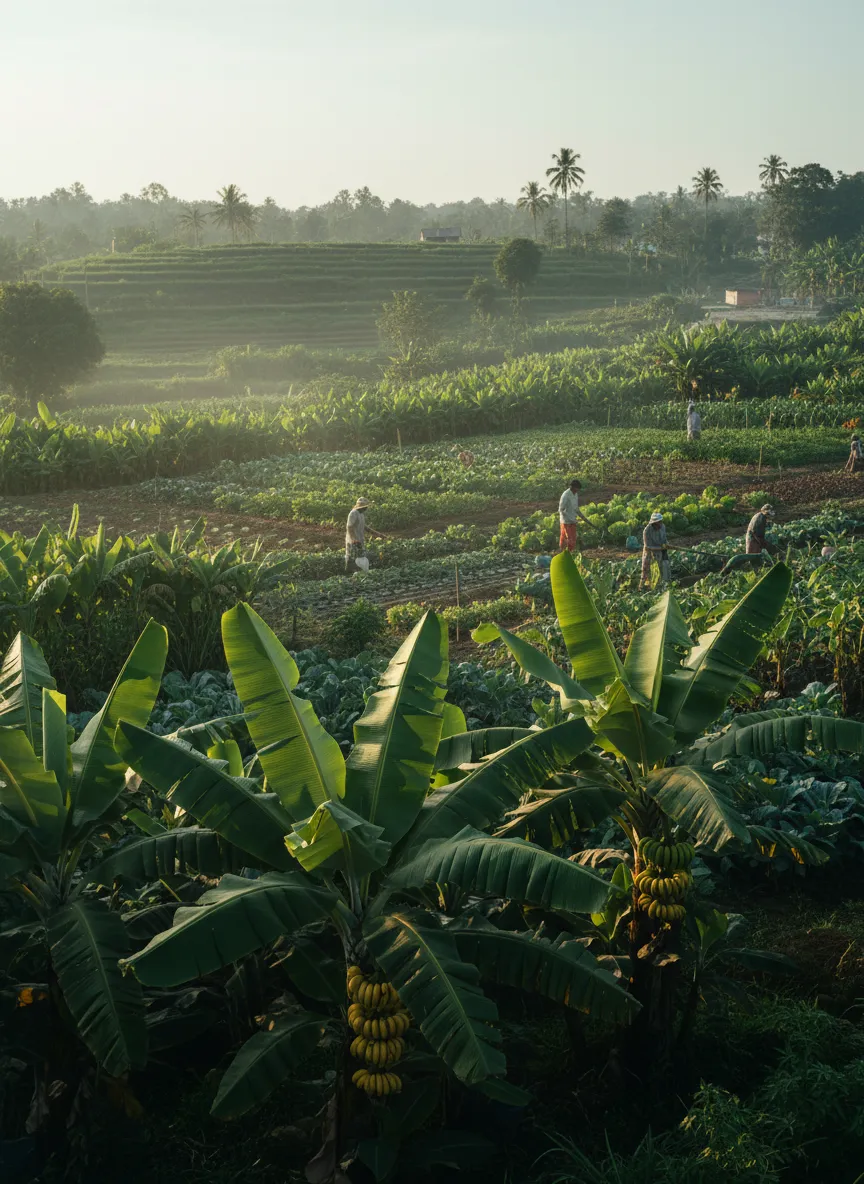 Lush community farming landscape demonstrating agricultural development