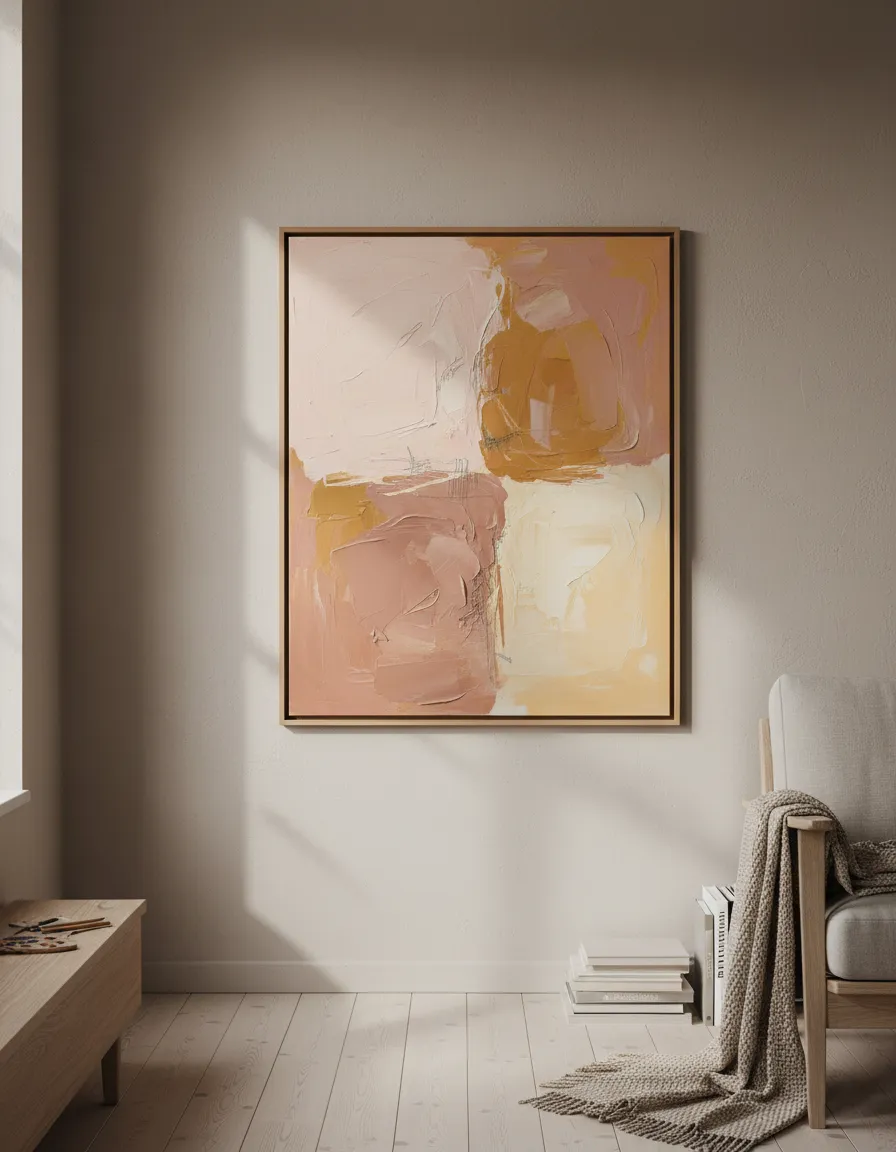 Abstract schilderij met zachte roze en okergele vlakken