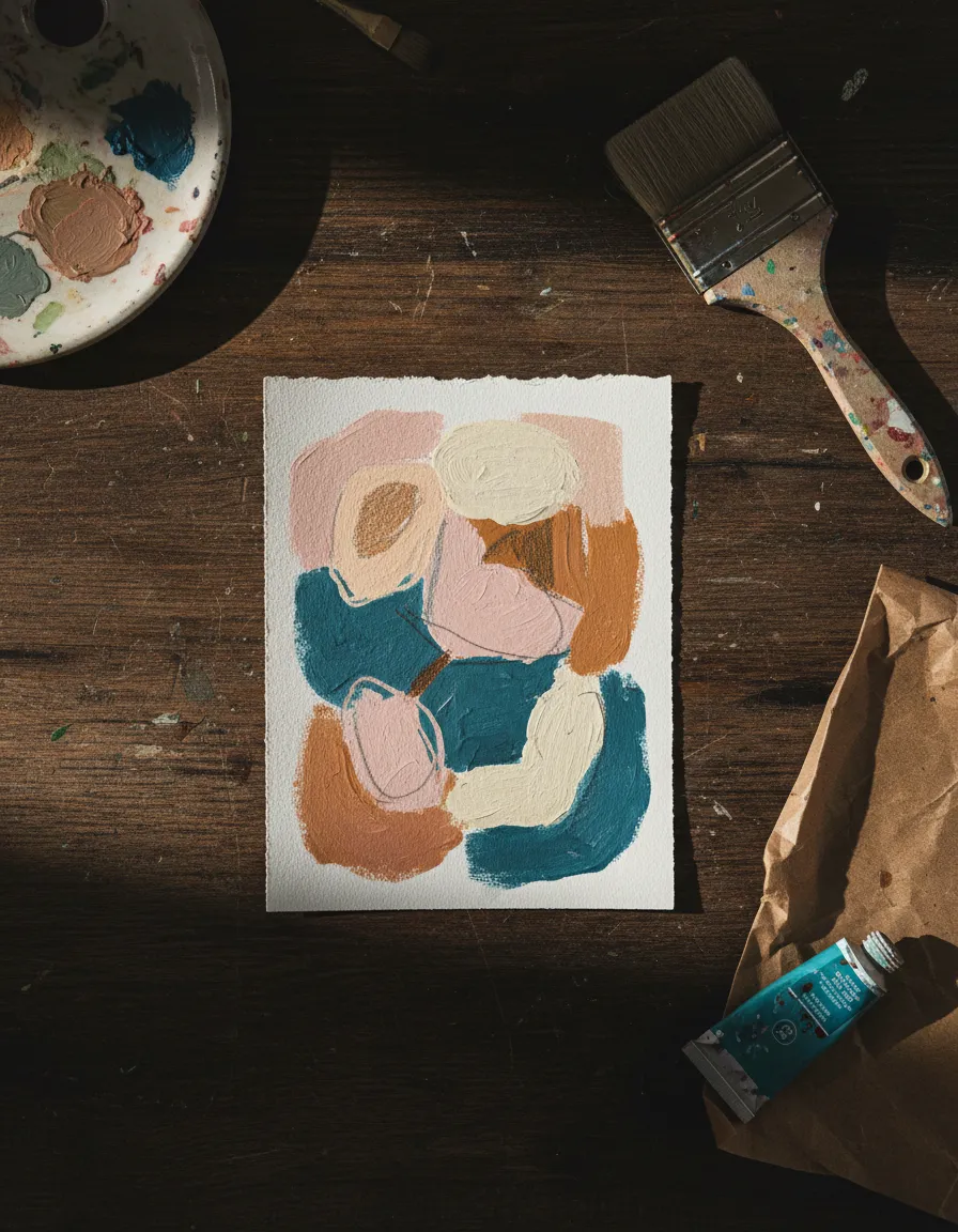 Klein kunstwerk op papier met speelse texturen en kleuren