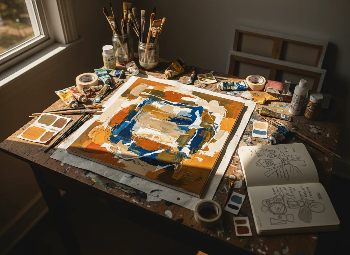 Detailfoto van een kunstwerk in wording met verf, textuur en schetsen eromheen