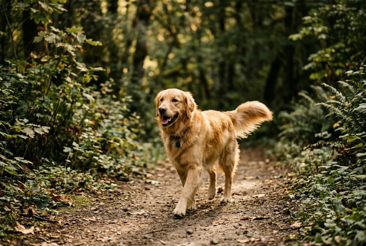 Joyful golden retriever walking happily on a sunny park trail