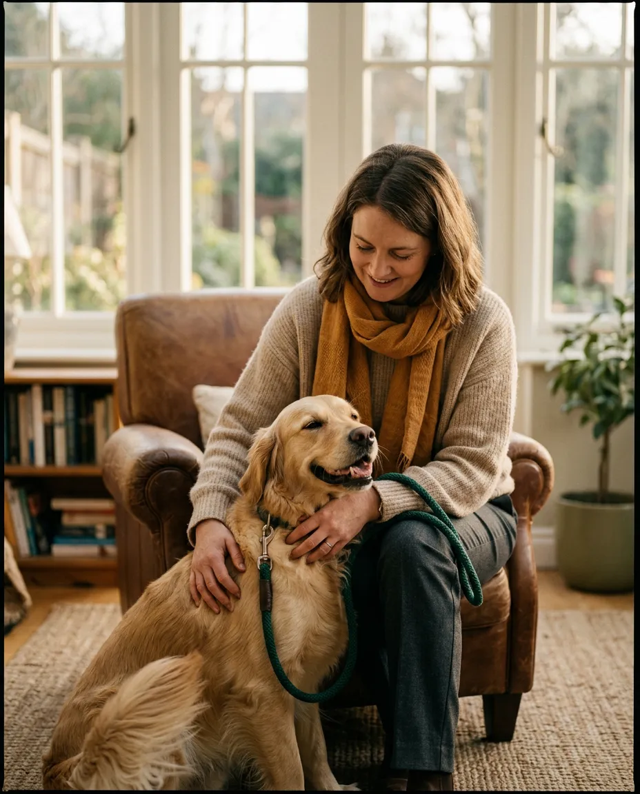 Professional pet caregiver gently comforting a happy golden retriever in a sunlit room