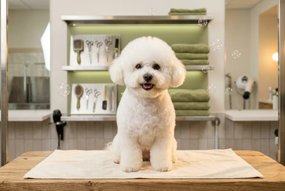Clean, well-groomed fluffy dog sitting patiently after a gentle spa bath