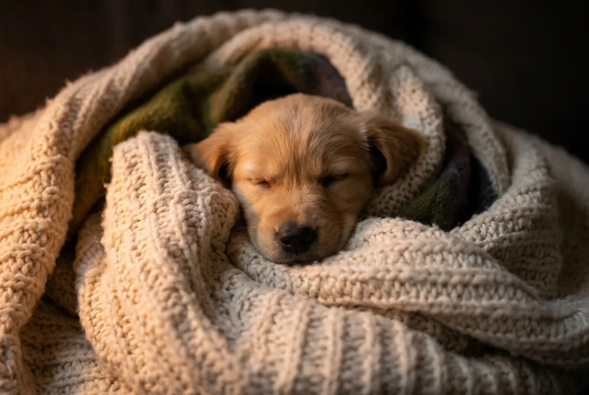 Cozy puppy resting peacefully wrapped in a warm blanket during overnight care