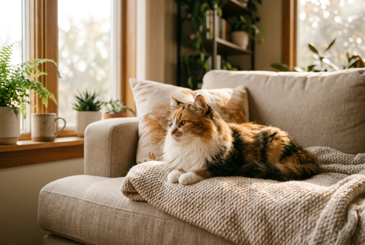 Peaceful domestic cat receiving gentle attention and chin scratches indoors