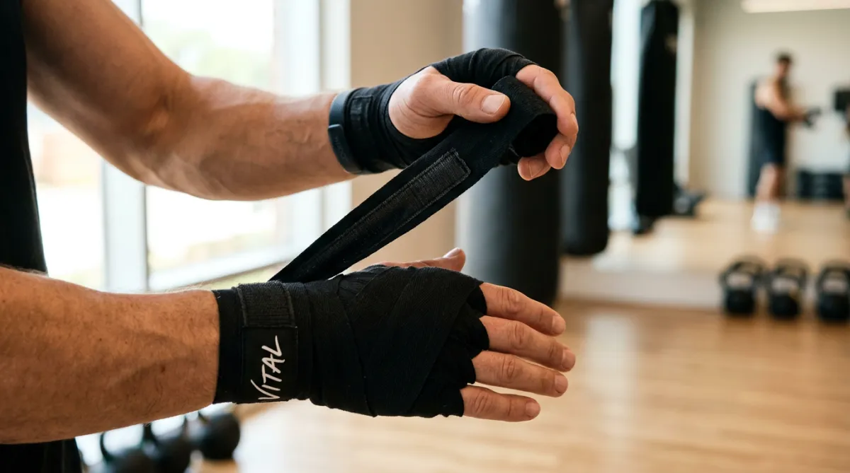 Close up of hands wrapping with black hand wraps