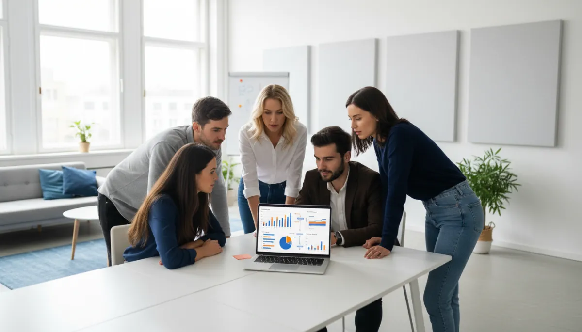 Team brainstorming marketing strategy in office