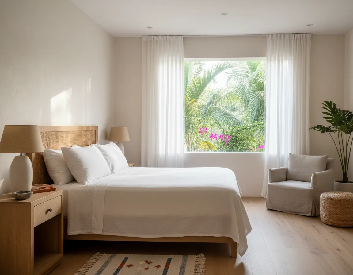Serene guest room at Phoenix Intensive retreat with soft natural light