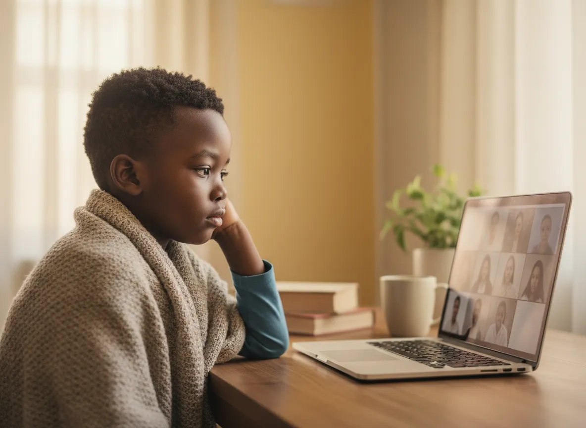 Child thinking in front of a laptop during an online class