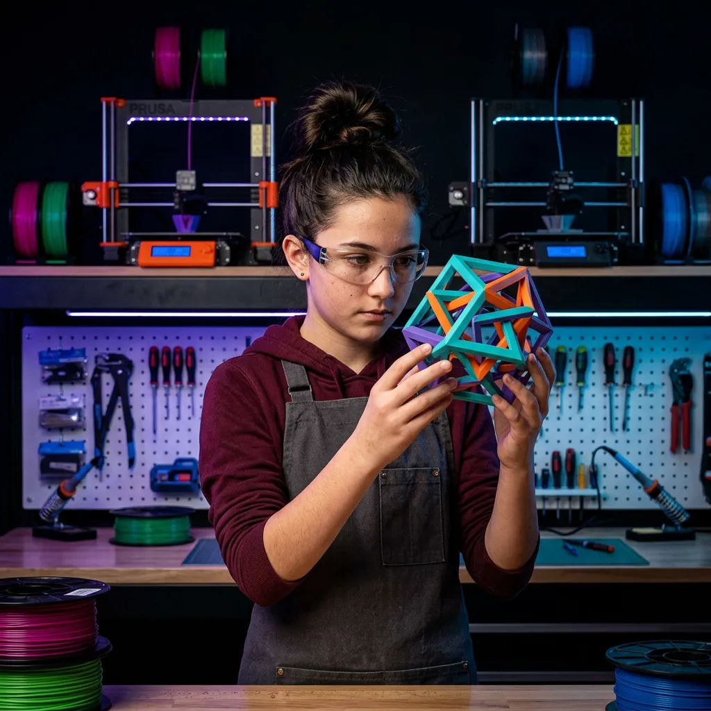 13-year-old founder working with 3D printers and colorful filament in his maker workshop