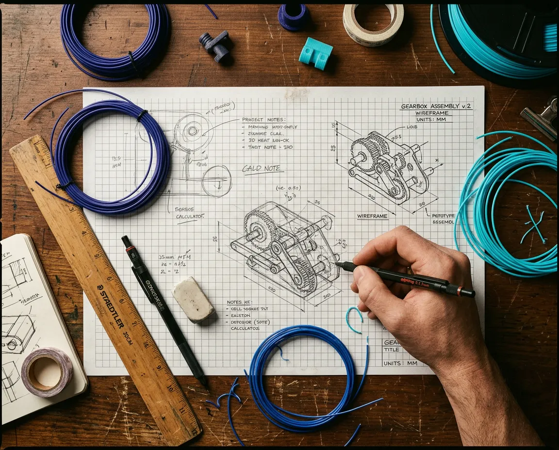 Conceptual hand-drawn CAD sketch and wireframe model for custom 3D print