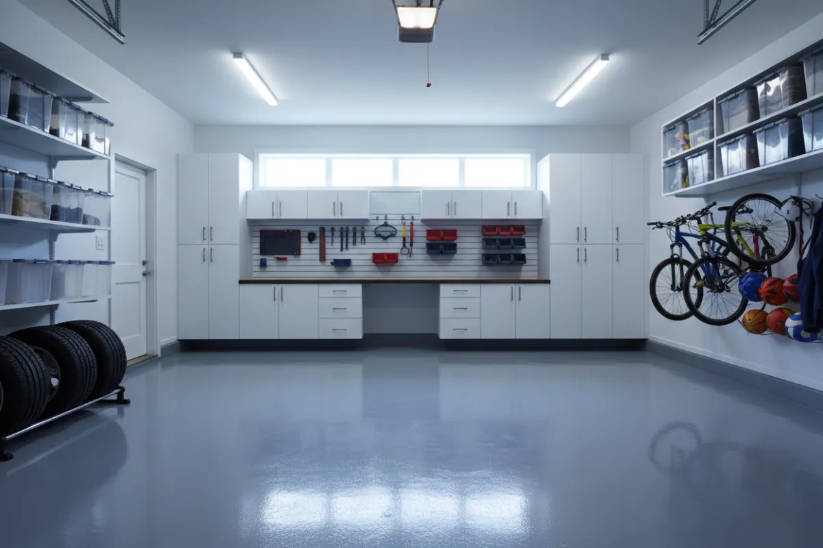 Garage interior with finished walls and flooring