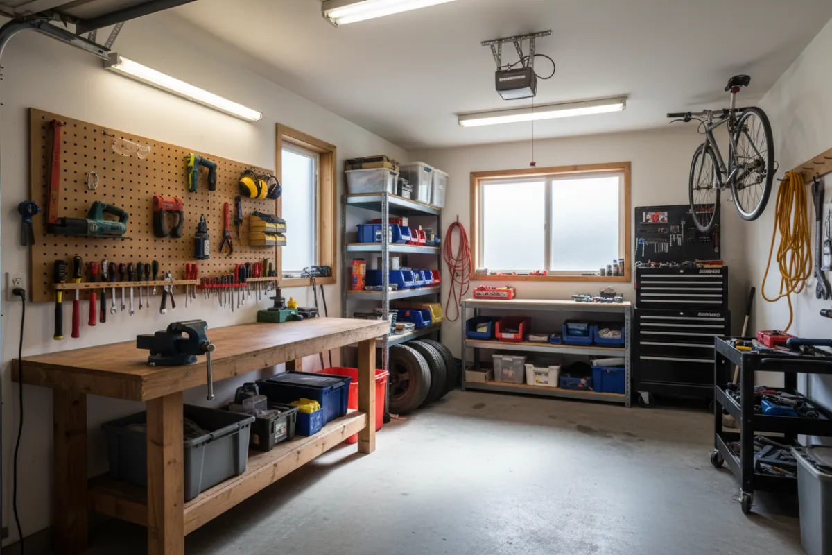 Garage interior with parked RV, storage, and workshop area