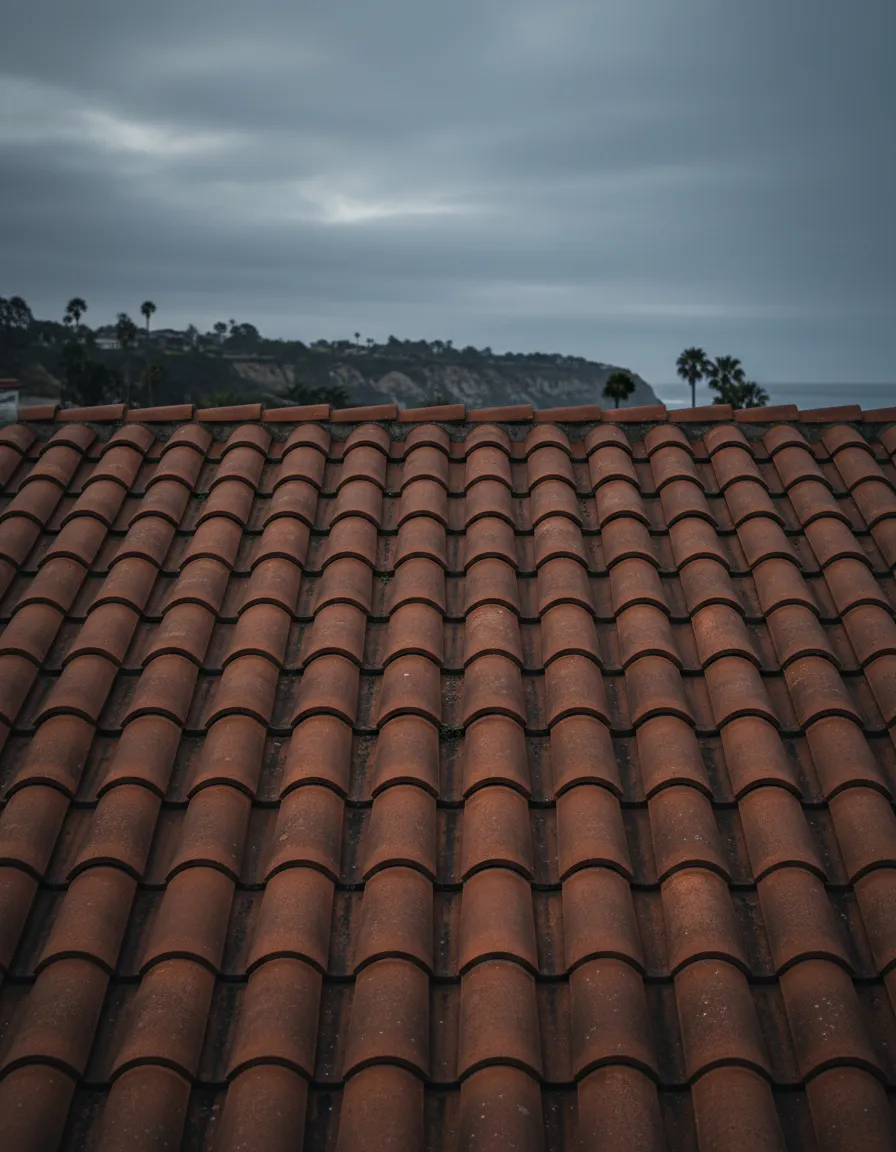 High-end architectural photo of an aging but premium roof in Newport Beach