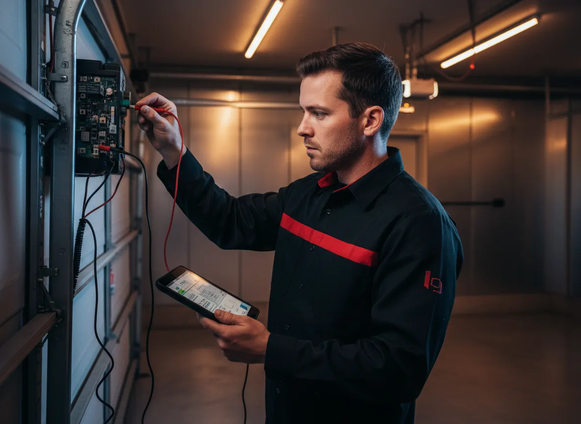 Technician performing a diagnostic check on a garage door