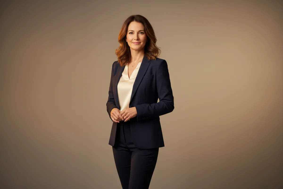 Confident professional woman standing in a softly lit studio, representing the Ascend Method hero image.