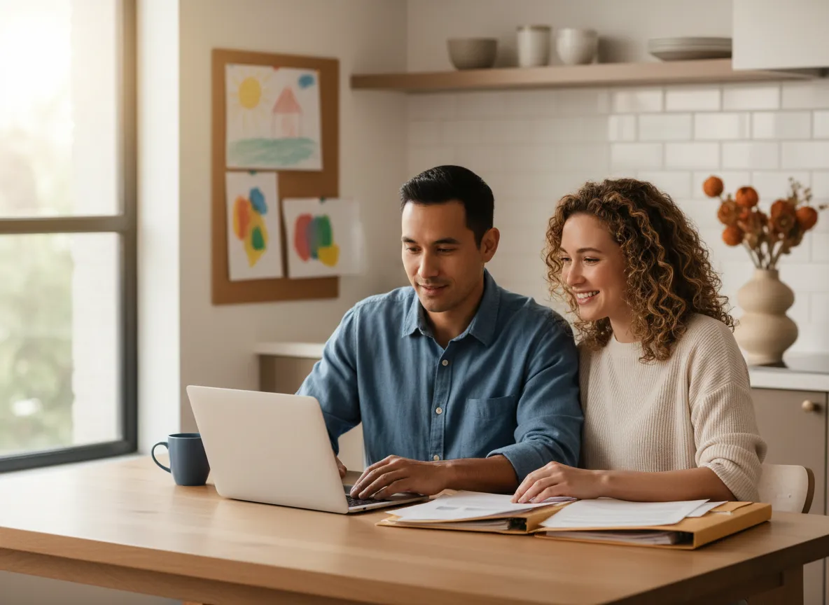 Parents sitting at a table reviewing estate planning documents in a calm setting
