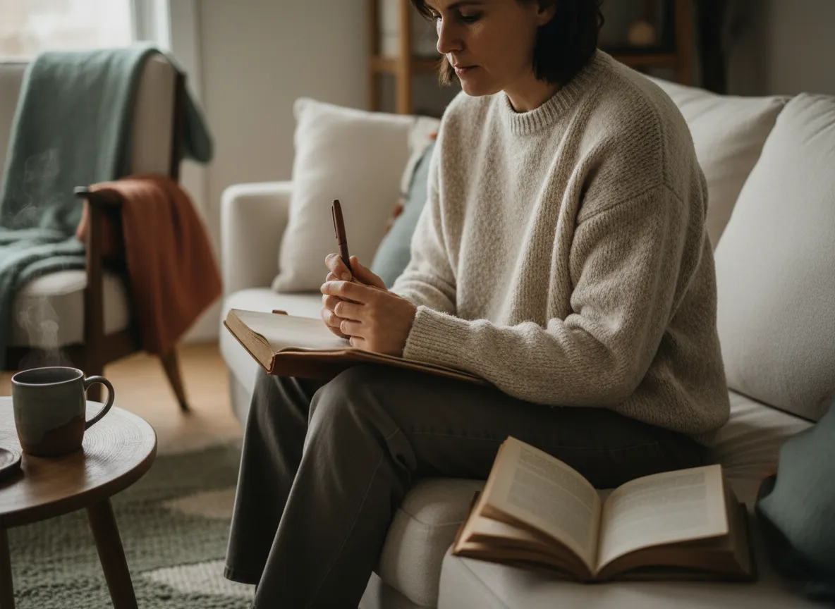 Person sitting in a calm, warm space with notebook and tea, reflecting quietly