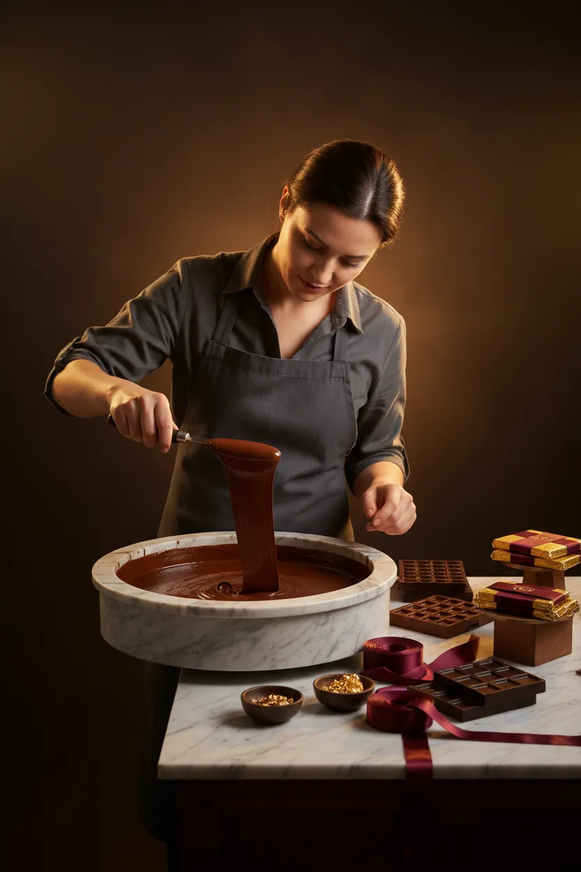 Master chocolatier examining the tempering process with a refined ribbon of chocolate