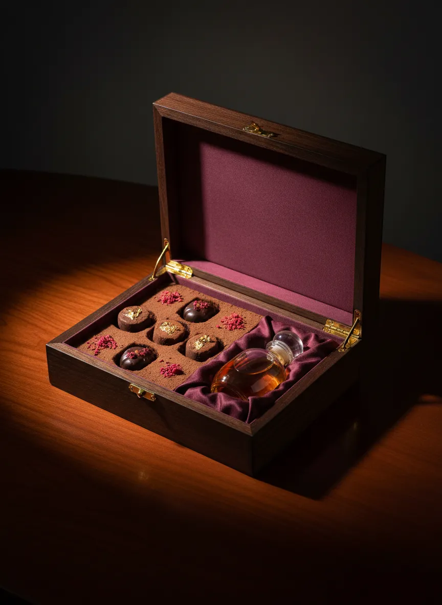Luxury gifting and fine beverage pairing presentation