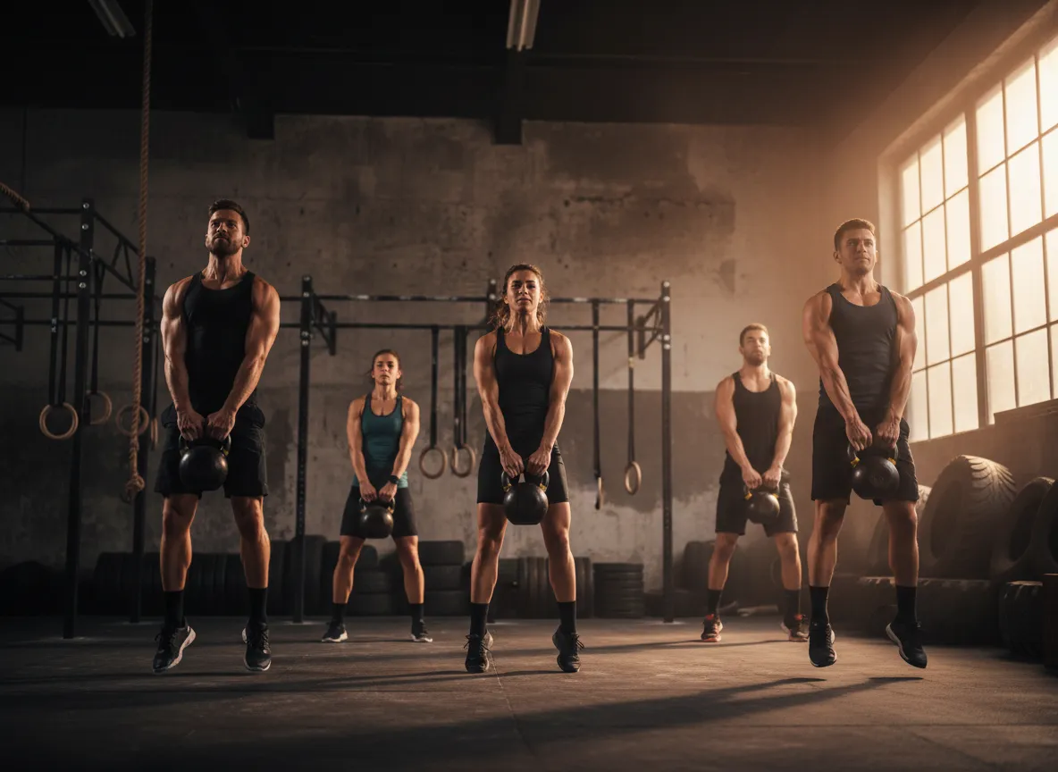 Athletes performing kettlebell swings