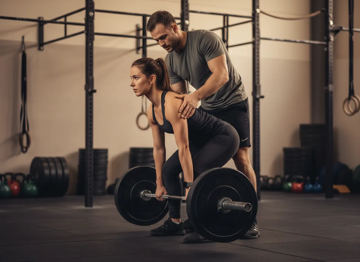 Coach instructing a member on proper lifting form