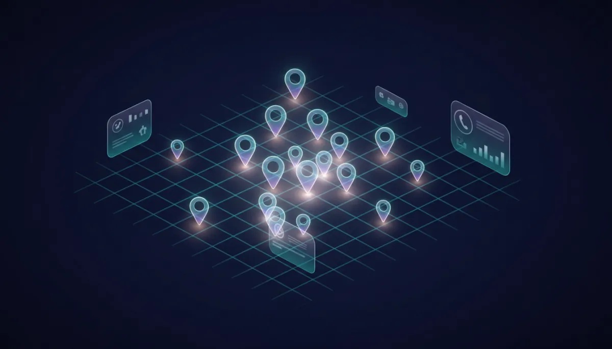 Stylized map grid with pins showing local visibility