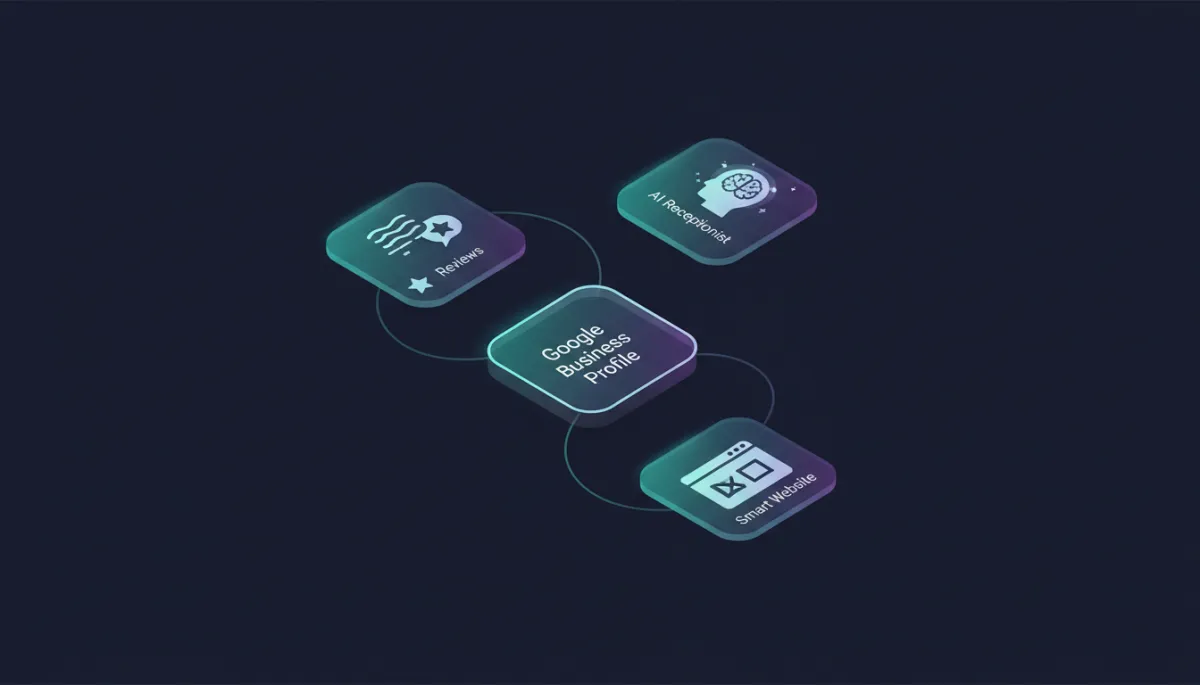 Diagram showing Google Business Profile feeding calls, reviews, and website visits into an integrated system