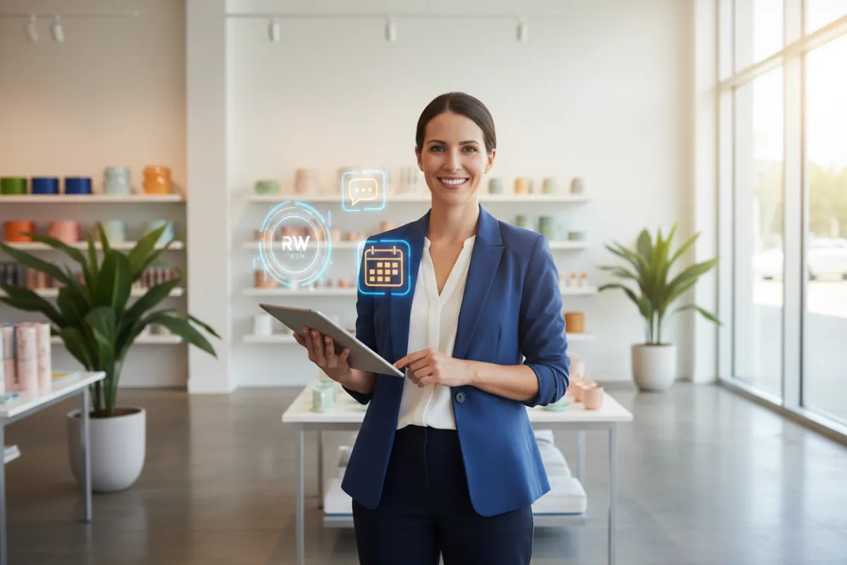 A confident small business owner stands in a modern shop, holding a tablet displaying RWTech's dashboard, with digital icons for chat, calendar, and analytics floating around. The background is a vibrant, inviting retail space. 3:2 aspect ratio.