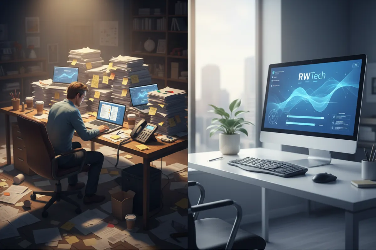 A stressed business owner at a cluttered desk with ringing phone, sticky notes, and multiple open laptops, contrasted by a calm, organized workspace with RWTech's interface on screen. 3:2 aspect ratio.