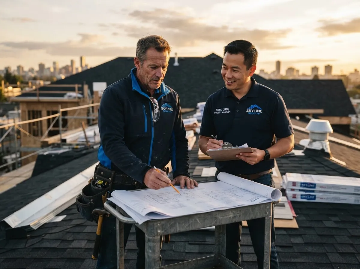 Roofing specialist and project manager reviewing architectural specifications on site