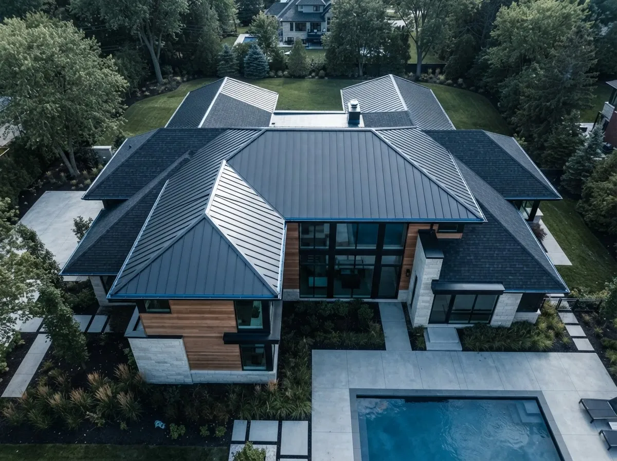Architectural modern residential home exterior showcasing premium roof craftsmanship