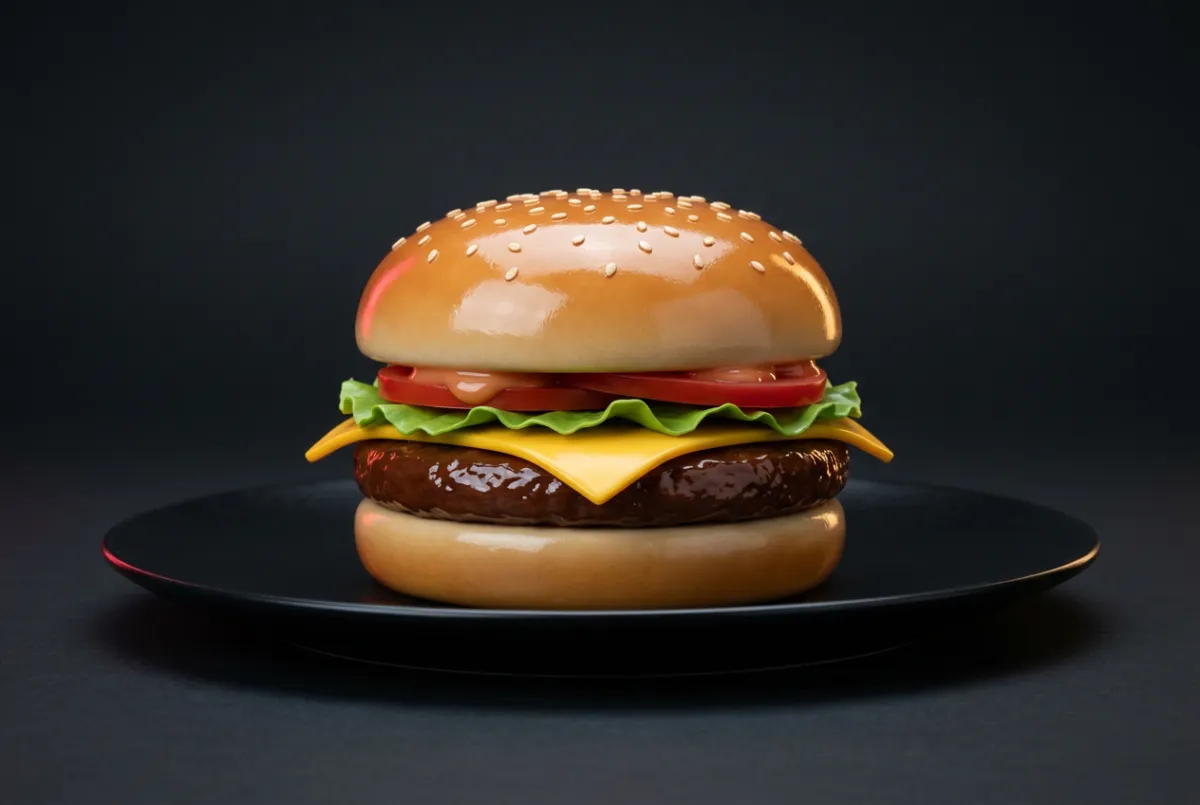 Plastic-looking synthetic AI generated burger dish with surreal perfection