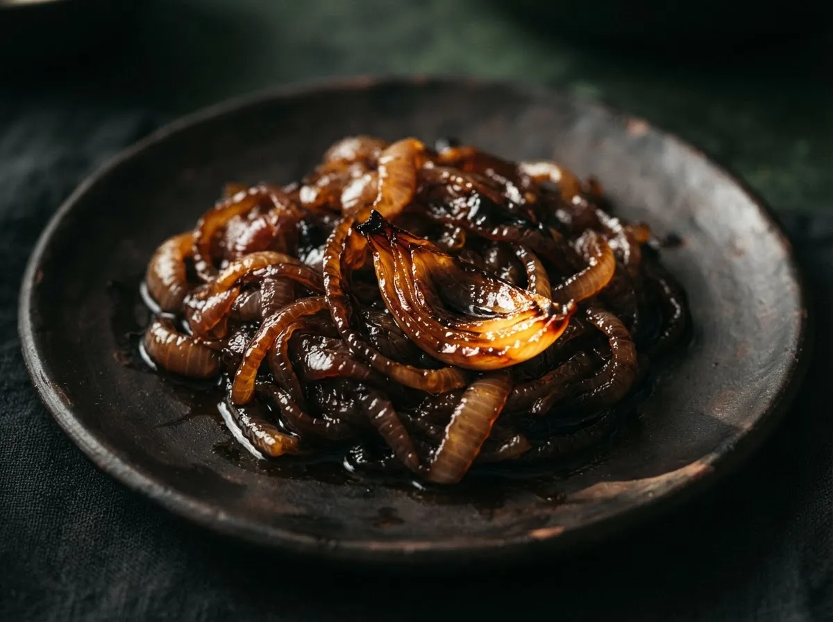 Macro photography of deeply caramelized Tropea red onions steeped in glossy artisanal aged balsamico