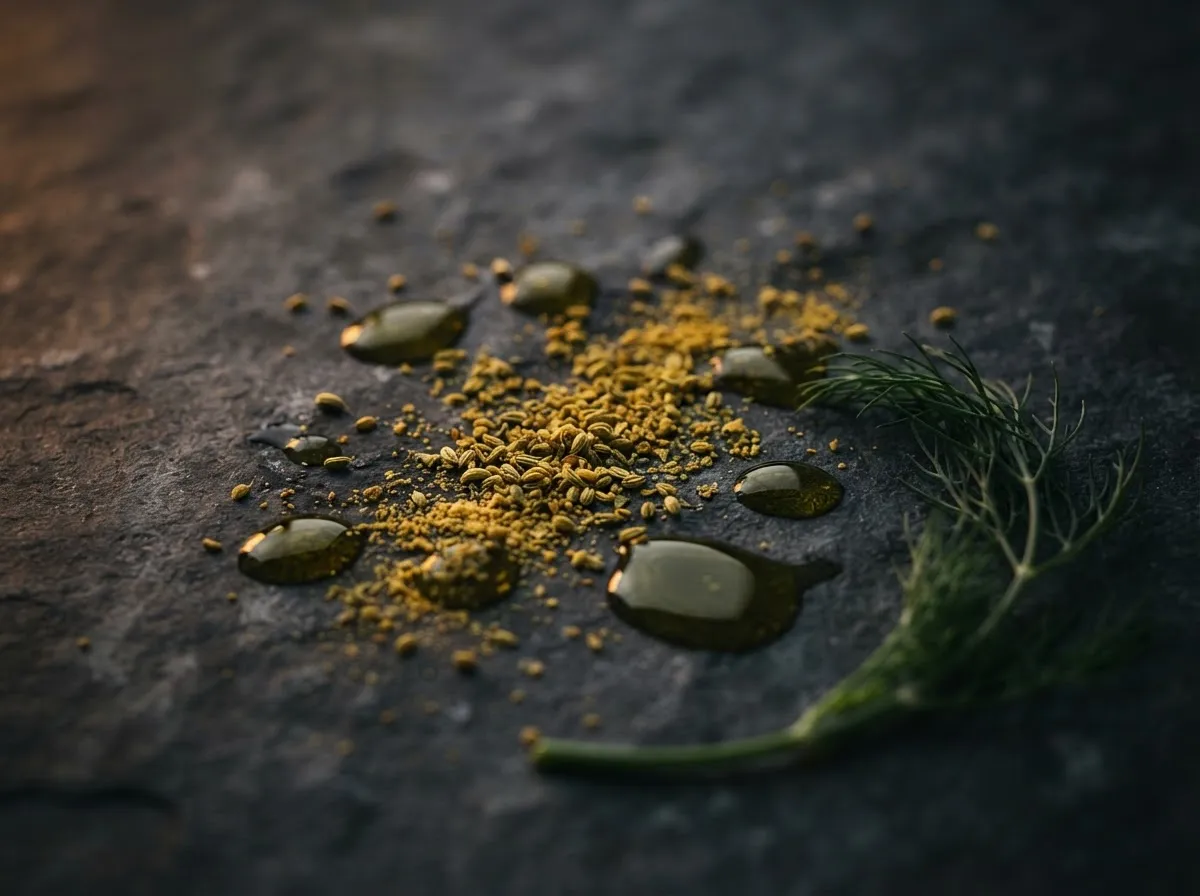 Macro close-up photography of Sicilian wild fennel pollen dusted over cold-pressed olive oil droplets