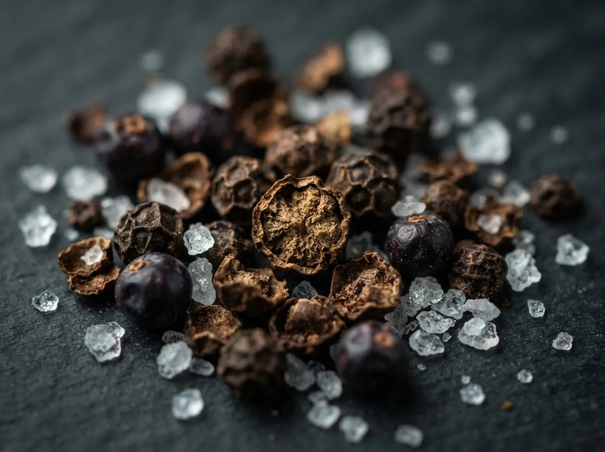 Extreme macro view of cracked Tellicherry black peppercorns, dried juniper berries, and crushed sea salt