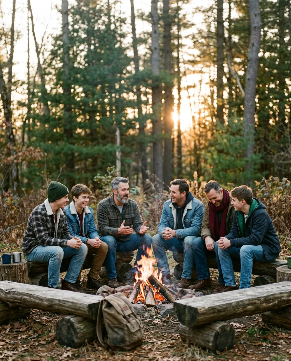 Fathers and sons gathered around an evening campfire in flannel and outdoor attire discussing faith and brotherhood