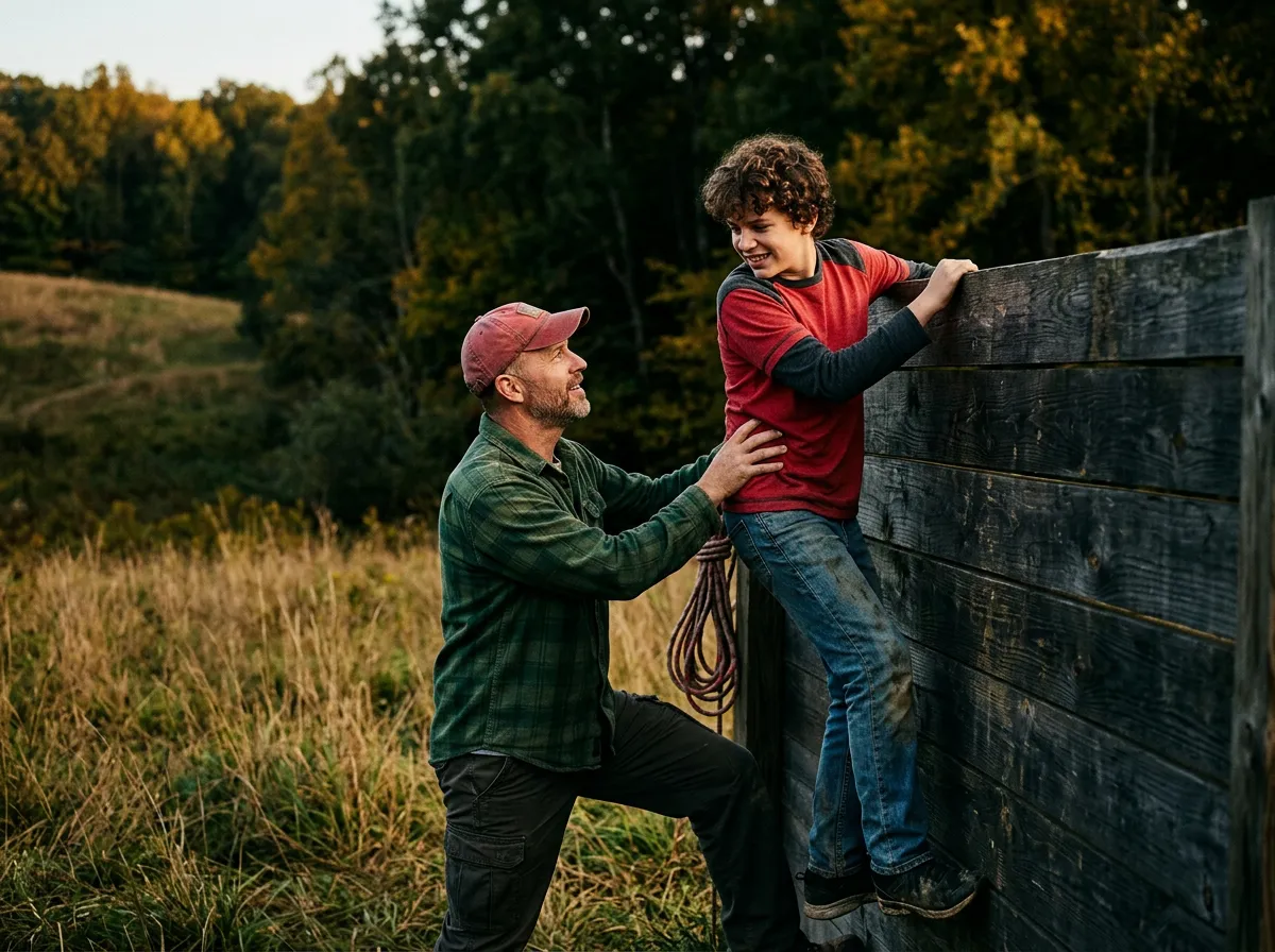 Father helping his son scale a wooden obstacle wall in an outdoor setting