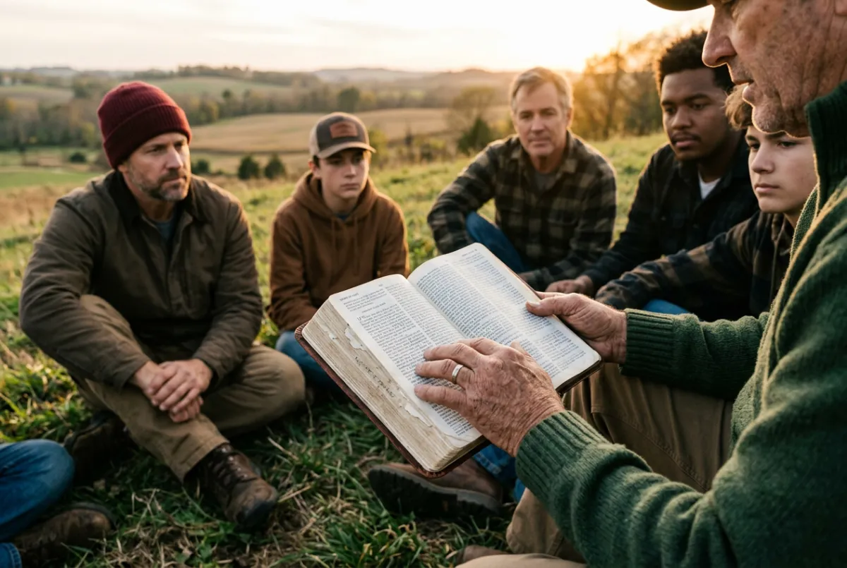 Men gathered outdoors in nature studying open Bibles together