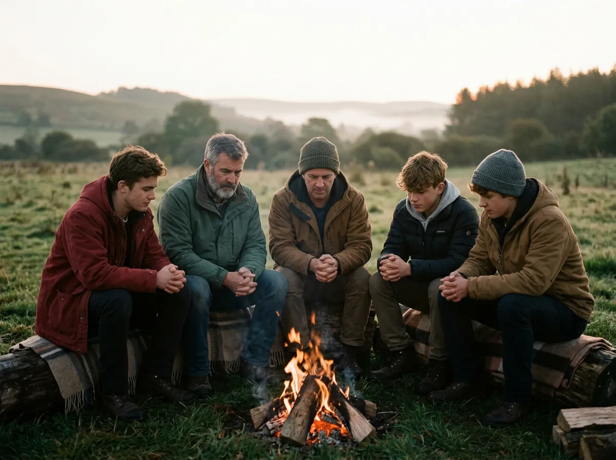 Fathers and sons gathered around a warm campfire in heartfelt discussion and prayer
