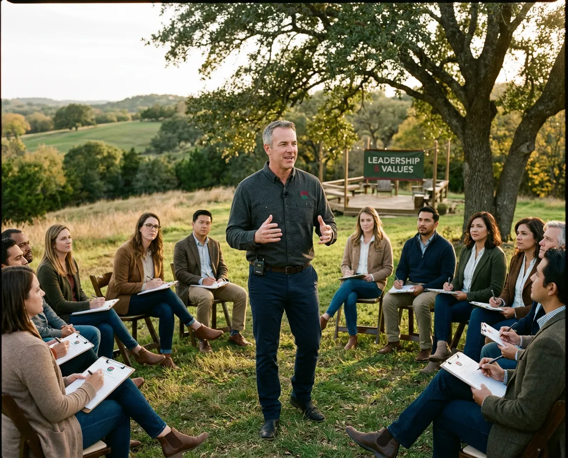 Mike speaking to a corporate sales and leadership group in an outdoor workshop setting