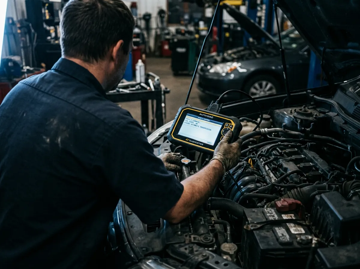 Automotive technician connecting advanced computer diagnostic scanner to automatic transmission port