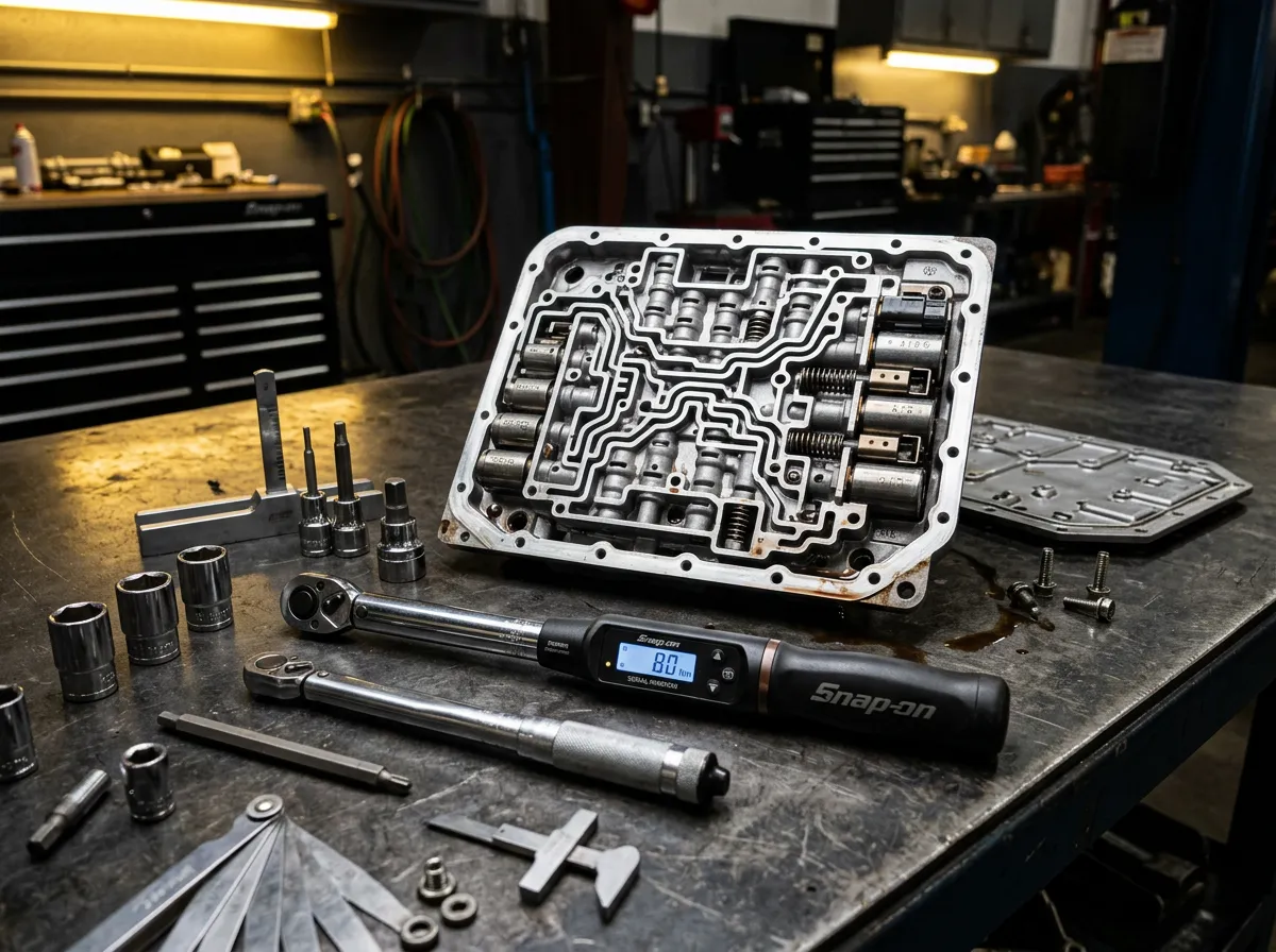 Heavy-duty transmission bench rebuild station with precision calibrated torque tools and valve body fixtures