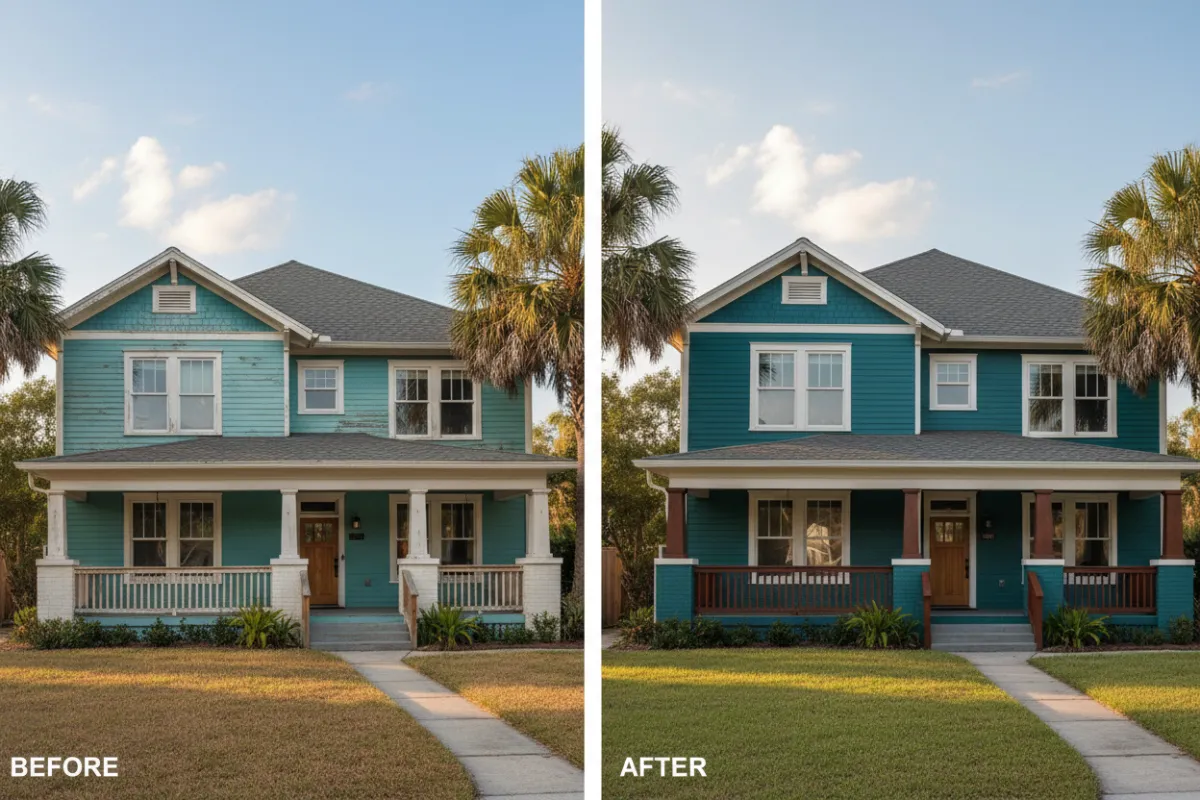 Before-and-after exterior of a two-story craftsman home in Orlando with revitalized paint and crisp trim lines.