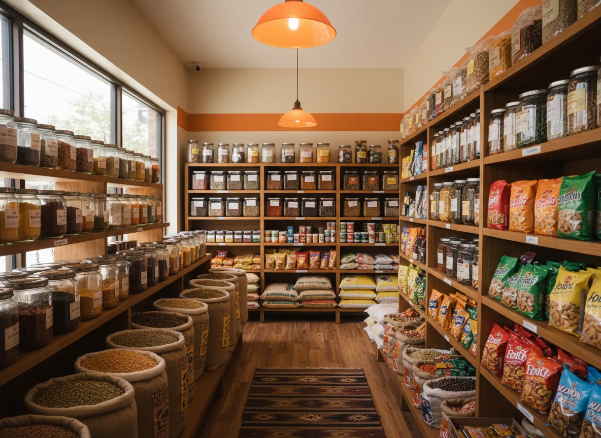 Inside Orlando Spice Market with shelves of spices and groceries