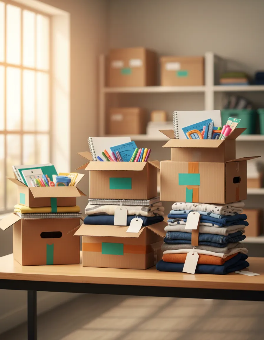 Neatly organized donation boxes and community supplies ready for distribution