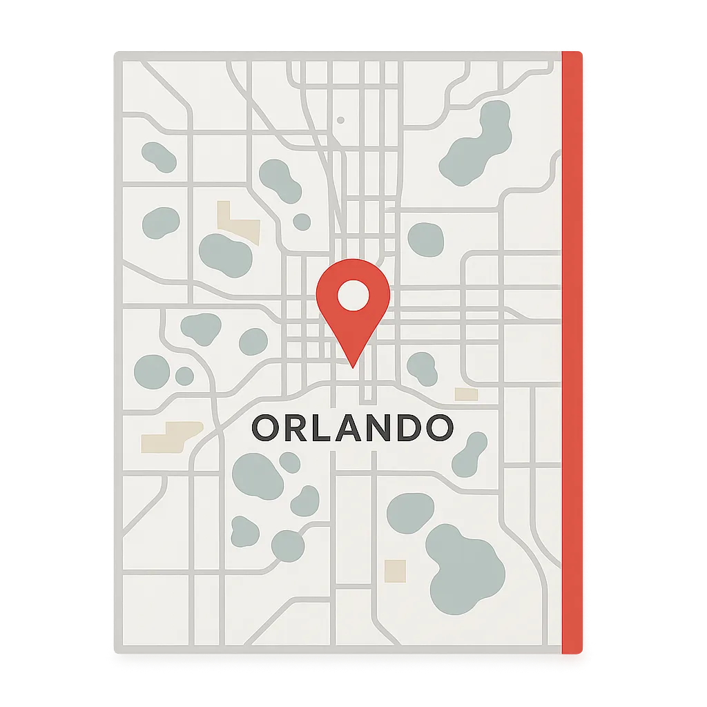 Stylized monochrome map of Orlando with a primary red pin