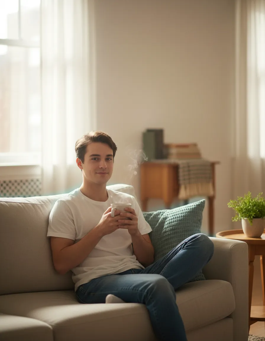 A calm, relaxed teenager in a comfortable home setting feeling supported