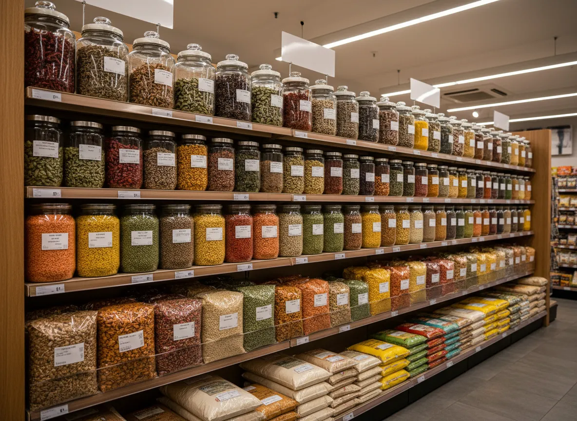 Shelves displaying spices and lentils at Orlando Spice Market
